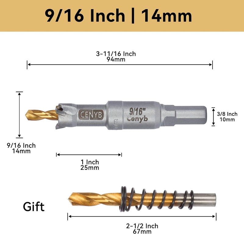 cenyb 9/16" (14mm) Tungsten Carbide Tipped Hole Saw with 2Pcs Titanium-Plated Pilot Drill Bits for Hard Metal,Stainless Steel,Iron,Aluminum Alloy,Wood and Plastic - Image 2